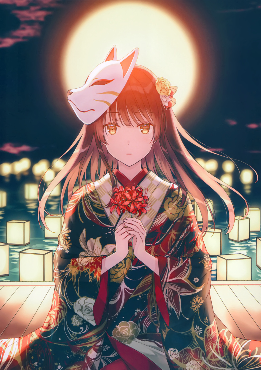 1girl absurdres bangs bouquet brown_hair eyebrows_visible_through_hair floating_hair floral_print flower fox_mask hair_flaps highres hiten_(hitenkei) holding holding_bouquet japanese_clothes kimono lantern long_hair looking_at_viewer mask night original parted_lips sitting wide_sleeves yellow_eyes