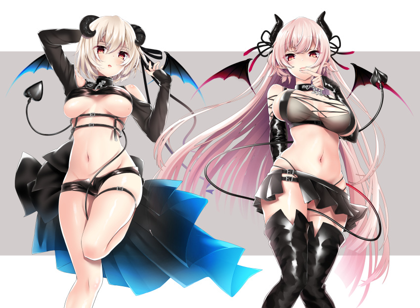 2girls bangs bare_shoulders black_legwear black_ribbon black_shirt black_shorts black_skirt blush boots breasts chain character_request choker closed_mouth collar copyright_request demon_girl demon_horns demon_tail detached_sleeves eyebrows_visible_through_hair hair_ribbon highres horns large_breasts lips long_hair long_sleeves looking_at_viewer medium_hair miniskirt multiple_girls navel parted_lips pleated_skirt red_eyes ribbon shirt short_shorts shorts sideboob skirt tail thigh-highs thigh_boots thigh_strap touwa_iyo under_boob virtual_youtuber wings