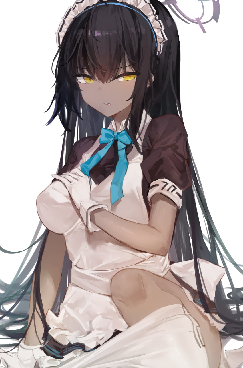 1girl 7gao apron bangs black_hair blue_archive blue_neckwear blush bow bowtie breasts cowboy_shot dark_skin dark-skinned_female gloves hair_between_eyes halo highres karin_(blue_archive) large_breasts long_hair looking_to_the_side maid maid_headdress pantyhose pantyhose_pull puffy_short_sleeves puffy_sleeves short_sleeves simple_background solo thighs very_long_hair white_apron white_background white_gloves white_legwear yellow_eyes