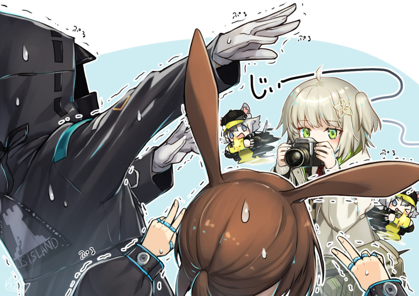 1other 3girls ahoge amiya_(arknights) animal_ears arknights baseball_cap black_headwear black_jacket blue_eyes brown_hair camera cellphone click_(arknights) doctor_(arknights) double_v gloves green_eyes grey_hair hair_ornament hat holding holding_camera holding_phone hood hood_up hooded_jacket jacket long_hair long_sleeves mitake_eil mouse_ears mouse_girl multiple_girls multiple_rings one_side_up open_mouth phone pose rabbit_ears rabbit_girl rhodes_island_logo scene_(arknights) short_hair silver_hair smartphone smile sweatdrop taking_picture thumb_ring trembling v white_gloves white_jacket