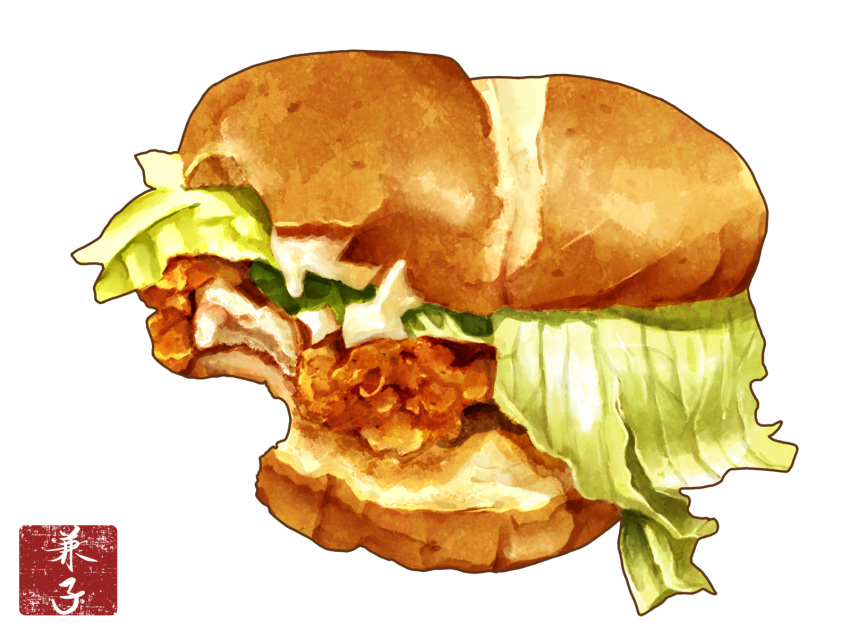 bread_bun food food_focus fried_chicken hamburger highres kaneko_ryou lettuce meat no_humans original pastry simple_background still_life translation_request vegetable white_background