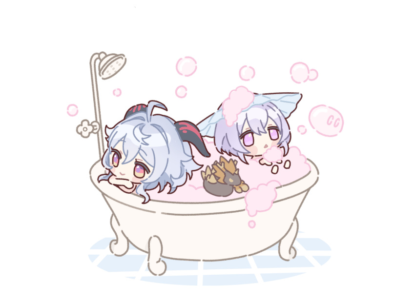 2girls bath bathtub blue_hair blush_stickers bubble chibi ganyu_(genshin_impact) genshin_impact half-closed_eyes hat highres honeymilk0252 horns jiangshi multiple_girls purple_hair qiqi_(genshin_impact) rex_lapis_(genshin_impact) shower_head slime_(genshin_impact) smile violet_eyes