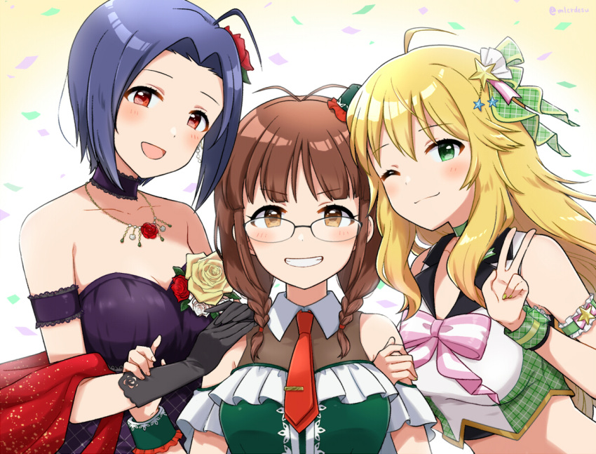 3girls ahoge akizuki_ritsuko antenna_hair bangs bare_shoulders black_choker black_gloves blonde_hair blue_hair blunt_bangs braid brown_eyes brown_hair choker closed_mouth collarbone commentary_request eyebrows_visible_through_hair flower glasses gloves green_choker green_eyes green_ribbon hair_flower hair_ornament hair_ribbon hand_up hands_on_another's_shoulders hoshii_miki idolmaster idolmaster_(classic) jewelry long_hair looking_at_viewer merukyara miura_azusa multiple_girls necklace necktie one_eye_closed red_neckwear ribbon short_hair smile twin_braids twitter_username v