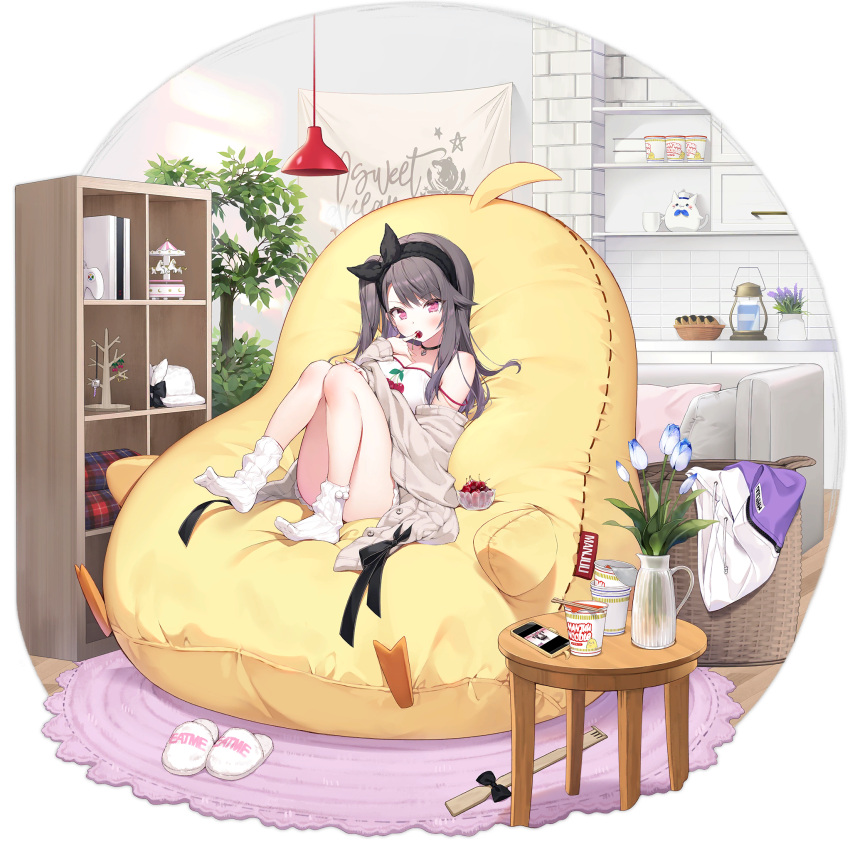 1girl azur_lane bangs bean_bag_chair black_hairband brown_cardigan byulzzi cardigan cellphone cherry chopsticks closed_eyes controller cup_noodle eating eyebrows_visible_through_hair flower food fruit game_console game_controller grey_hair hairband highres instant_ramen light_blush long_hair looking_at_viewer meowfficer_(azur_lane) official_alternate_costume official_art one_side_up open_cardigan open_clothes open_mouth pamiat_merkuria_(azur_lane) pamiat_merkuria_(sweet_cherry_memories)_(azur_lane) phone ramen sitting smartphone smile socks solo transparent_background vase violet_eyes white_legwear
