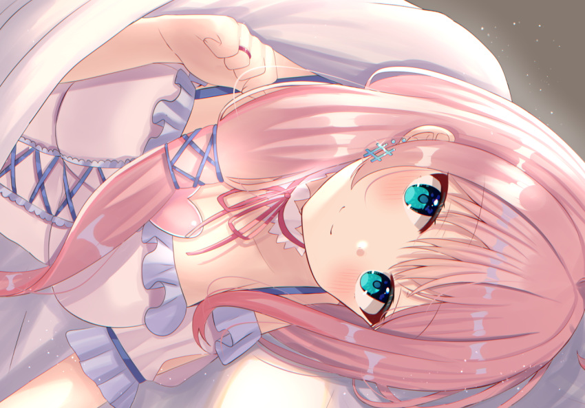 1girl aqua_eyes arm_up black_background blanket breasts choker detached_sleeves dress earrings hair_ribbon jewelry kizuna_ai_inc. light_blush light_particles looking_at_viewer love-chan_(kizuna_ai) love-pii_channel lying medium_breasts neck_ribbon nibosi on_side pink_hair ribbon ring sharp_sign single_sidelock smile solo under_covers upper_body virtual_youtuber white_dress white_neckwear