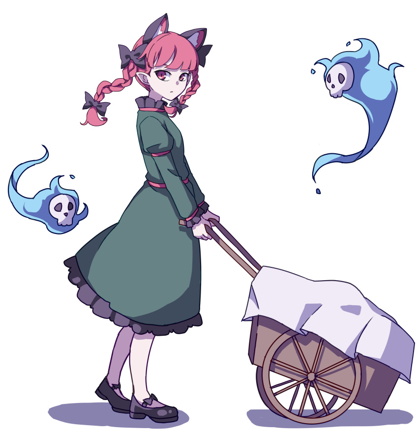 1girl absurdres animal_ears bangs black_bow black_footwear blunt_bangs bow braid cat_ears closed_mouth dress extra_ears eyebrows_behind_hair frilled_dress frills from_side full_body green_dress hair_bow highres hitodama holding juliet_sleeves kaenbyou_rin kame_(kamepan44231) long_hair long_sleeves looking_at_viewer pointy_ears puffy_sleeves red_eyes redhead shoe_bow shoes side_braids simple_background skull solo standing touhou twin_braids wheelbarrow white_background