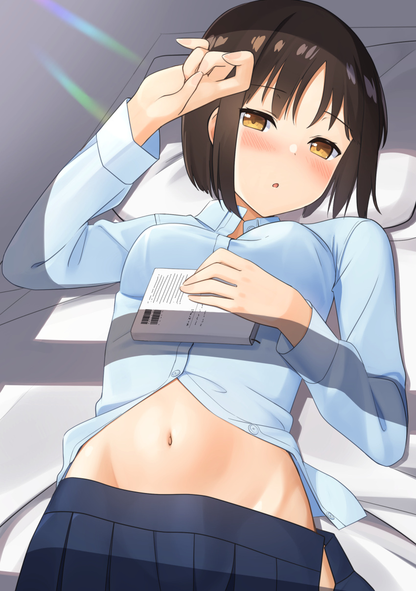 1girl \m/ absurdres apollo_(hu_maple) bangs bed bed_sheet blue_shirt blush bob_cut book breasts brown_hair commentary dress_shirt groin highres holding holding_book lying medium_breasts midriff navel on_back on_bed open_clothes open_skirt original parted_lips partially_unbuttoned pillow refraction shirt short_hair skirt stomach unfastened yellow_eyes