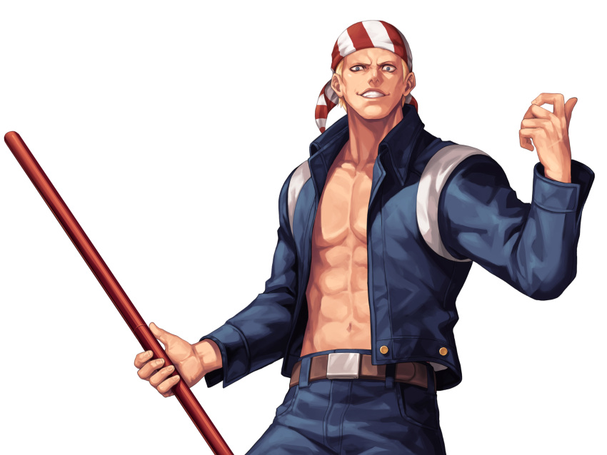 1boy abs bandana billy_kane blonde_hair blue_eyes blue_jacket blue_pants commentary_request cowboy_shot evilgun fatal_fury grin hand_up highres holding holding_staff holding_weapon jacket long_sleeves looking_at_viewer male_focus navel open_clothes open_jacket pants pectorals short_hair simple_background smile solo staff standing teeth the_king_of_fighters the_king_of_fighters_'97 toned toned_male veins weapon white_background