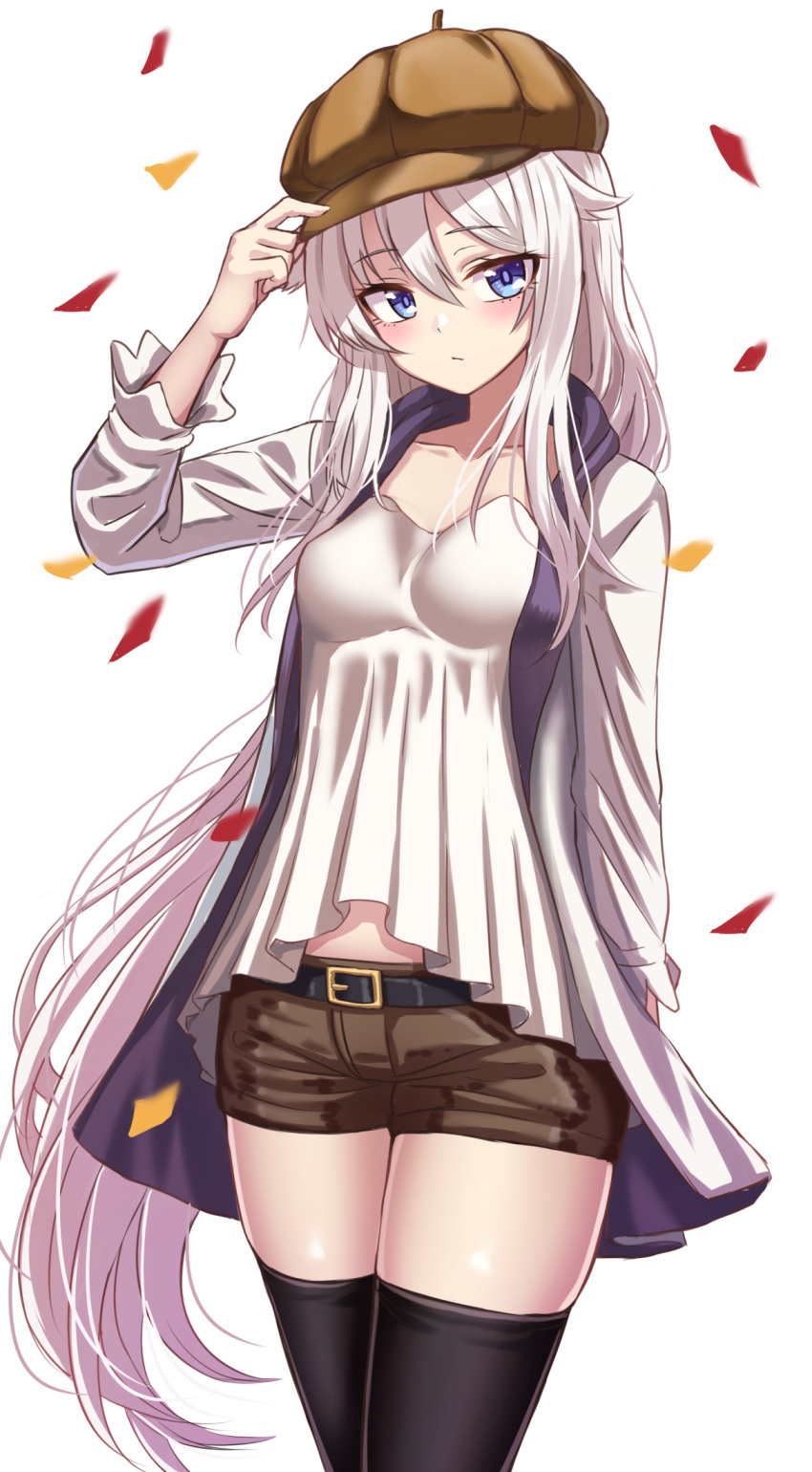 1girl 9a-91_(girls_frontline) black_legwear blue_eyes brown_shorts closed_mouth collarbone cowboy_shot girls_frontline hair_between_eyes hat highres long_hair long_sleeves looking_at_viewer shorts silver_hair simple_background solo thigh-highs very_long_hair white_background yakob_labo