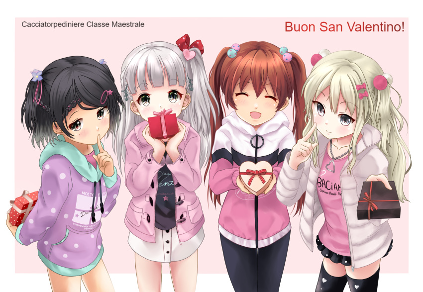 4girls anchor_hair_ornament anchor_necklace black_eyes black_hair black_legwear black_skirt blonde_hair brown_eyes brown_hair candy casual chocolate chocolate_heart closed_eyes food grecale_(kancolle) green_eyes hair_ornament happy_valentine heart highres jacket kantai_collection kuroneko86 libeccio_(kancolle) long_hair looking_at_viewer maestrale_(kancolle) mole mole_under_eye multiple_girls official_alternate_costume one_side_up open_mouth pants pink_shirt scirocco_(kancolle) shirt short_hair silver_hair skirt smile thigh-highs twintails valentine wavy_hair white_skirt