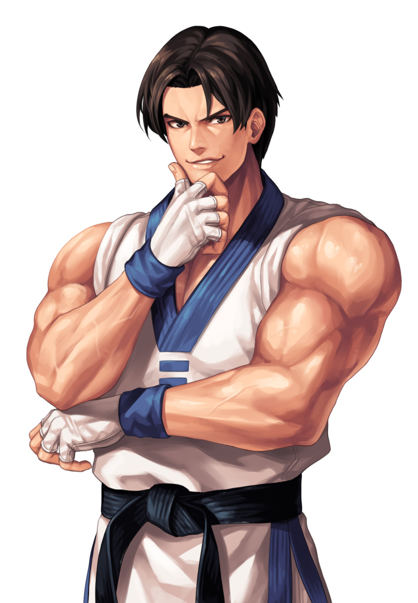 1boy bangs bare_shoulders belt biceps black_belt brown_eyes brown_hair chin_stroking commentary_request cowboy_shot dobok evilgun fingerless_gloves fingernails gloves hand_on_own_chin highres kim_kaphwan looking_at_viewer male_cleavage male_focus muscular muscular_male parted_lips pectorals short_hair simple_background smile smirk solo standing the_king_of_fighters the_king_of_fighters_'97 veins white_background white_gloves