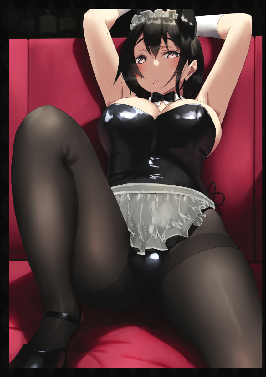 1girl apron arms_up bangs black_footwear black_hair black_leotard blush breasts detached_collar hair_ornament high_heels highres jonsun knee_up large_breasts leotard looking_at_viewer maid_headdress mole mole_on_arm mole_on_body mole_under_mouth original pantyhose parted_lips playboy_bunny shiny shiny_clothes shiny_hair short_hair sitting solo strapless strapless_leotard waist_apron
