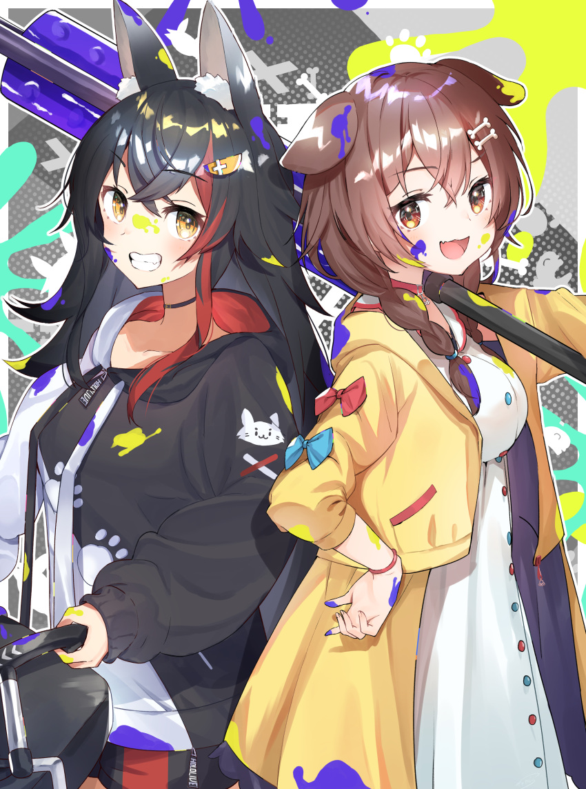 2girls absurdres animal_ears bangs black_hair bow braid breasts brown_hair choker coat collarbone crossed_bangs dog_ears dog_girl dress eyebrows_visible_through_hair fang furuki_ayaginutaira green_eyes hair_ornament hairclip hand_on_hip highres holding hololive hood hoodie inugami_korone long_hair long_sleeves looking_at_viewer looking_to_the_side medium_breasts medium_hair multiple_girls ookami_mio open_mouth paint_splatter sidelocks skin_fang smile splatoon_(series) standing teeth tongue upper_body virtual_youtuber white_dress wolf_ears wolf_girl yellow_coat