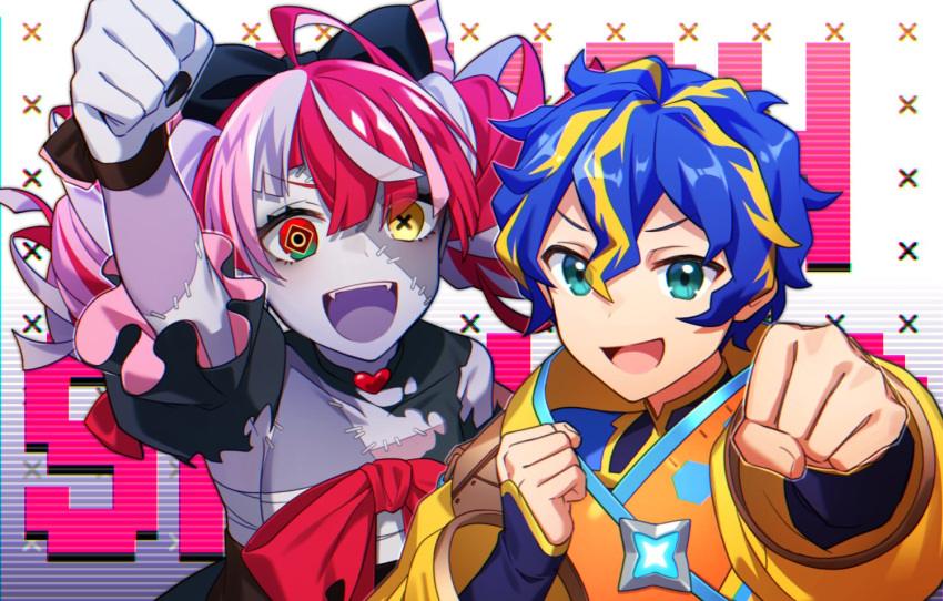 1boy 1girl ahoge aqua_eyes astel_leda bangs black_bow black_dress blonde_hair blue_eyes blue_hair bow clenched_hand clenched_hands dress fangs grey_hair hair_bow hand_up heterochromia hinata_(sky) hololive hololive_indonesia holostars huge_bow kureiji_ollie looking_at_viewer multicolored_hair open_mouth pink_hair red_bow red_eyes redhead smile streaked_hair torn_clothes torn_dress virtual_youtuber yellow_eyes