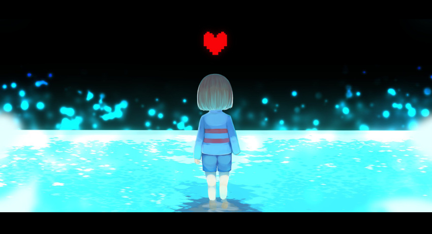1other androgynous blue_shirt blue_shorts facing_away frisk_(undertale) from_behind heart highres horizon letterboxed light_brown_hair long_sleeves ocean okota_mikan shallow_water shirt short_hair short_shorts shorts solo undertale water