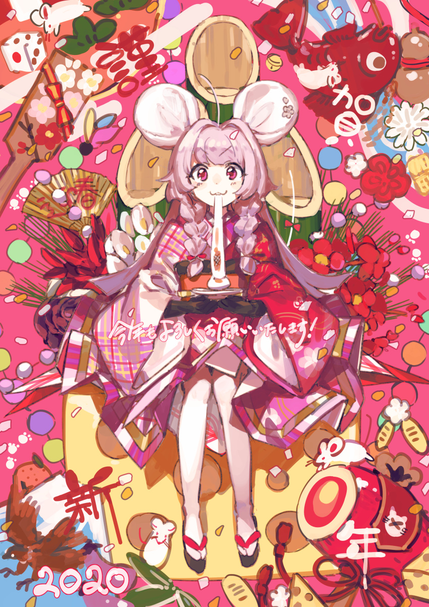 1girl 2020 :3 absurdres animal_ears bangs braid chinese_zodiac confetti eating eyebrows_visible_through_hair food highres holding holding_food instrument japanese_clothes kimono long_hair looking_at_viewer mouse mouse_ears mouse_girl original petals pink_hair sandals solo tabi taiko_drum twin_braids violet_eyes wattaro white_legwear wide_sleeves year_of_the_rat