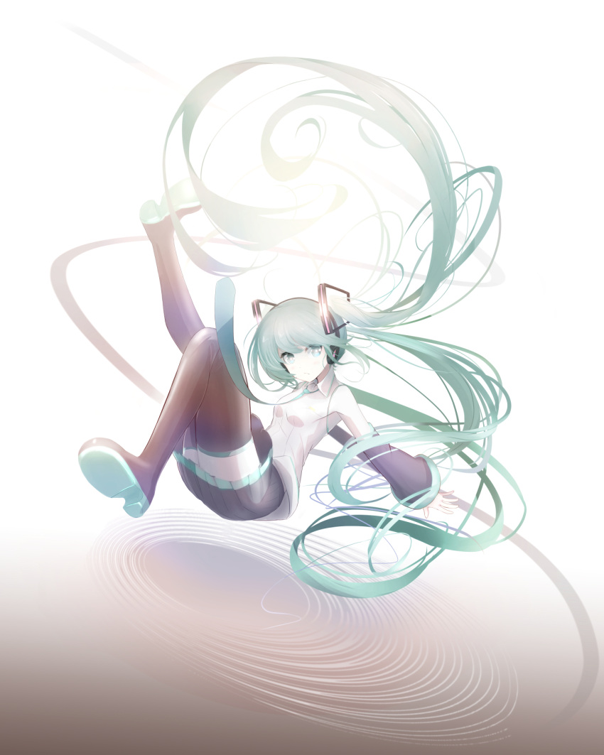 abstract_background boots collared_shirt detached_sleeves dress floating floating_hair green_eyes green_hair hair_ornament hatsune_miku headphones highres long_hair necktie pleated_skirt shirt skirt sleeveless sleeveless_dress tatatazinn thigh-highs thigh_boots twintails vocaloid