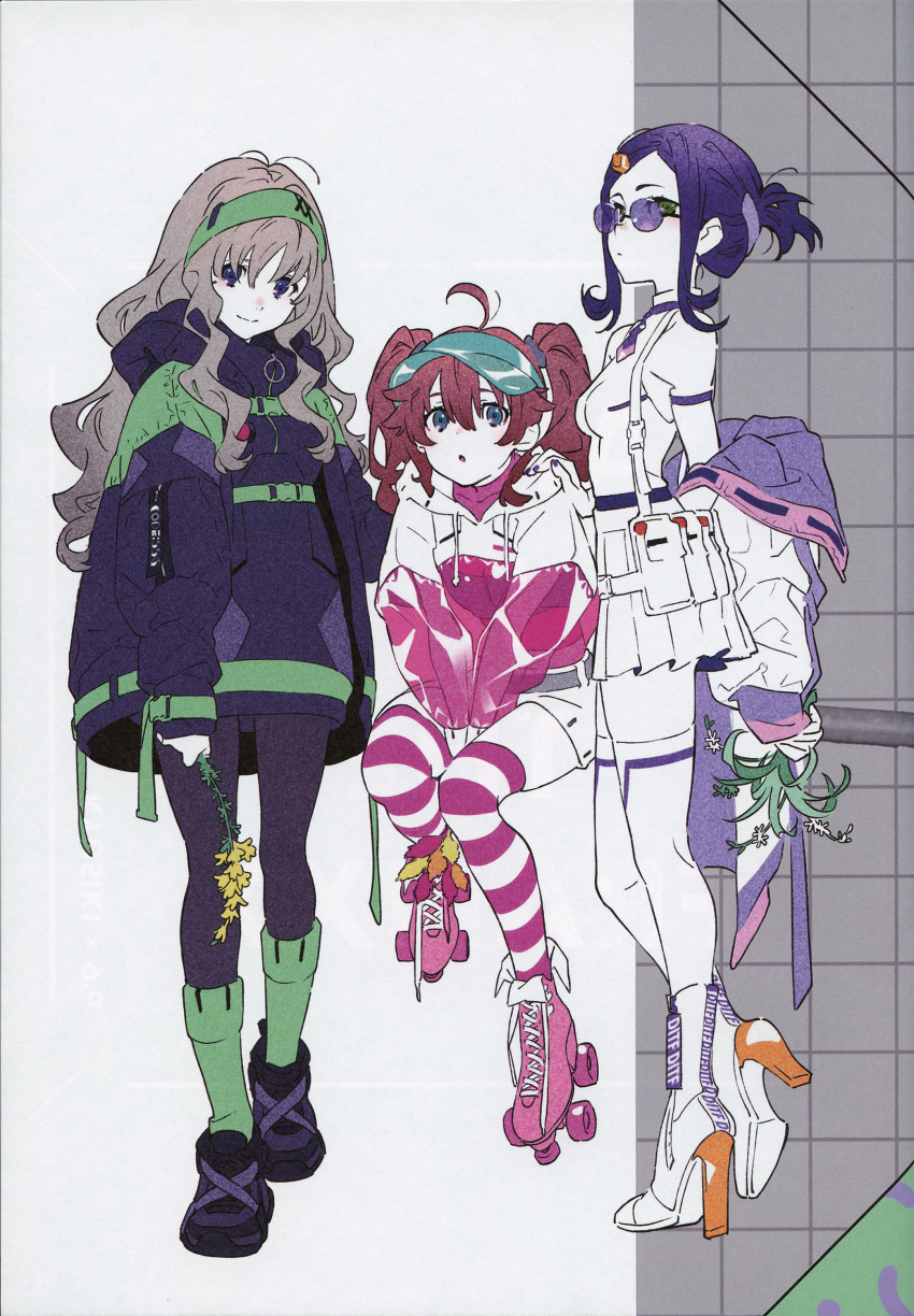 3girls :o absurdres ahoge alternate_costume bangs black_footwear black_legwear blonde_hair blue_eyes boots breasts brown_hair closed_mouth collar contemporary darling_in_the_franxx flower from_side full_body glasses green_eyes green_hairband green_legwear hair_between_eyes hair_ornament hairband hand_on_another's_shoulder high_heel_boots high_heels highres holding holding_flower hood hood_down hooded_jacket ikuno_(darling_in_the_franxx) jacket kneehighs kokoro_(darling_in_the_franxx) long_hair looking_at_viewer miku_(darling_in_the_franxx) multiple_girls off_shoulder open_mouth pantyhose pink_footwear pink_jacket purple_hair purple_jacket roller_skates see-through_sleeves shoelaces shoes short_sleeves sidelocks simple_background sitting skates skirt smile sneakers standing striped striped_legwear sunglasses thigh-highs twintails two-tone_jacket violet_eyes wavy_hair white_jacket white_skirt yoneyama_mai zettai_ryouiki