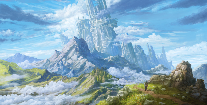 anoc backpack bag city clouds fantasy grass highres landscape mountain original outdoors path rock ruins scenery sky tree walking_stick
