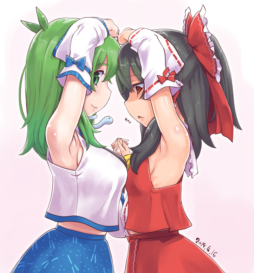 2girls :&lt; annoyed armpits blue_dress blue_skirt bow breasts brown_hair closed_mouth collared_shirt dated detached_sleeves dress envy eyebrows_visible_through_hair frilled_bow frills frog_hair_ornament green_eyes green_hair hair_bow hair_ornament hair_tubes hakurei_reimu hand_on_another's_hand hand_on_head highres interlocked_fingers japanese_clothes kei_jiei kochiya_sanae long_hair looking_at_another looking_at_viewer medium_breasts miko multiple_girls nontraditional_miko profile red_bow red_skirt ribbon-trimmed_sleeves ribbon_trim shirt sidelocks skirt sleeveless sleeveless_shirt smile snake_hair_ornament standing touhou white_background white_shirt yellow_neckwear