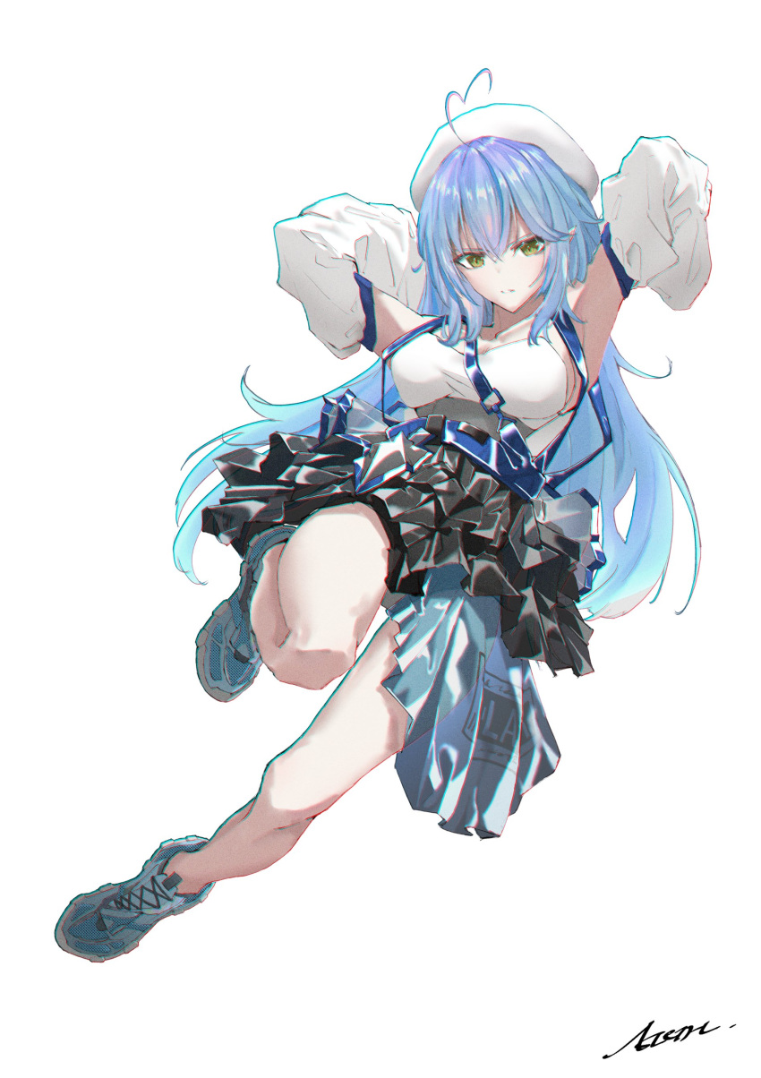 1girl absurdres aleth alternate_costume armpits bare_legs beret blue_hair breasts detached_sleeves hat highres hololive knee_up large_breasts long_hair looking_at_viewer pointy_ears shoes signature simple_background skirt solo very_long_hair virtual_youtuber white_background yellow_eyes yukihana_lamy