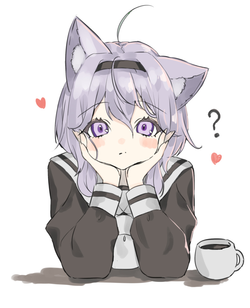 1girl ? animal_ear_fluff animal_ears bangs black_hairband blush cat_ears cat_girl coffee coffee_mug cowlick cup elbows_on_table eyebrows_visible_through_hair hairband hands_on_own_cheeks hands_on_own_face heart highres hololive looking_at_viewer mug nekomata_okayu sanuki_you sitting virtual_youtuber white_background