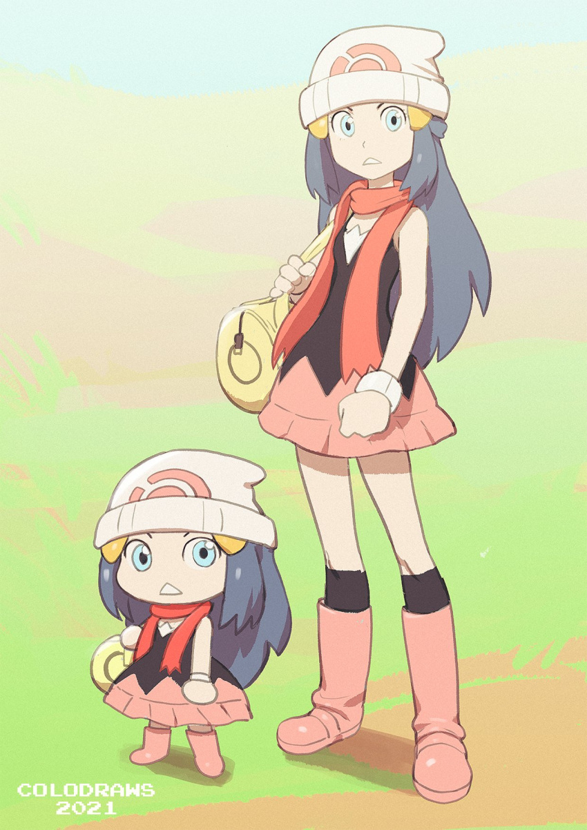 2girls bag beanie black_hair black_shirt blue_eyes boots bracelet chibi colo_(nagrolaz) creatures_(company) hikari_(pokemon) dual_persona game_freak hair_ornament hat highres hikari_(pokemon) jewelry long_hair multiple_girls nintendo olm_digital open_mouth pink_footwear pink_skirt poke_ball_symbol pokemon pokemon_(game) pokemon_bdsp pokemon_dppt scarf shirt skirt sleeveless sleeveless_shirt triangle_mouth