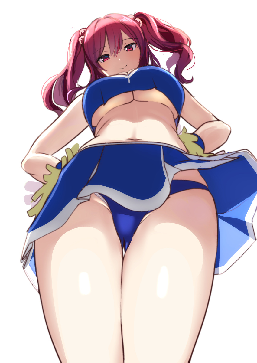 absurdres amisu bangs blue_panties blue_skirt breasts cheerleader eyebrows_visible_through_hair from_below hair_between_eyes hair_bobbles hair_ornament hands_on_hips highres large_breasts long_hair looking_at_viewer looking_down midriff navel onozuka_komachi panties pom_poms red_eyes redhead sidelocks simple_background skirt sleeveless smile standing touhou two_side_up underwear white_background