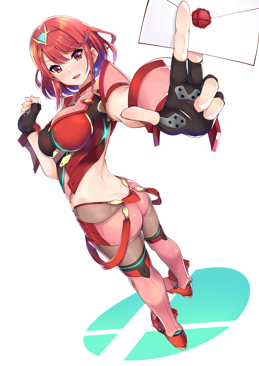 1girl absurdres bangs black_gloves breasts chest_jewel daive earrings fingerless_gloves full_body gloves highres jewelry large_breasts pantyhose pyra_(xenoblade) red_legwear red_shorts redhead short_hair short_shorts shorts smash_invitation standing super_smash_bros. swept_bangs thigh-highs tiara xenoblade_chronicles_(series) xenoblade_chronicles_2