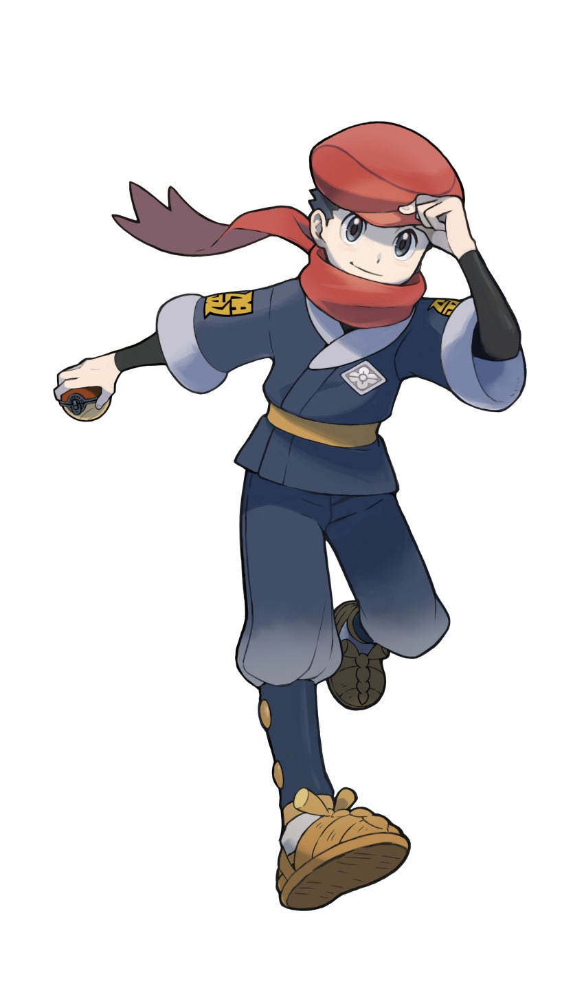 absurdres adjusting_clothes adjusting_headwear black_hair full_body galaxy_expedition_team_survey_corps_uniform hat highres japanese_clothes looking_at_viewer official_art pokemon pokemon_(game) pokemon_legends:_arceus red_headwear scarf smile solo third-party_source