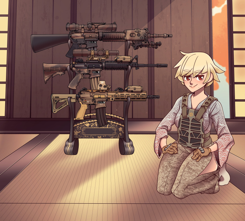 1girl absurdres acog assault_rifle blonde_hair bulletproof_vest camouflage_print eyebrows_visible_through_hair gloves gun hakama hakama_pants highres japanese_clothes kimono original red_eyes rifle scope socks solo squatting weapon weapon_request weapon_stand willy_pete