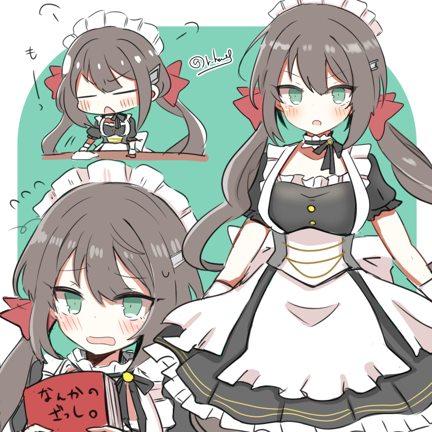 1girl :o annoyed azukimame azur_lane bangs black_dress blush book breasts cleaning commentary_request dress embarrassed eyebrows_visible_through_hair eyes_visible_through_hair flying_sweatdrops frilled_dress frilled_hairband frills glasgow_(azur_lane) green_eyes grey_hair hair_between_eyes hair_ornament hair_ribbon hairband hairclip hand_on_table highres holding holding_book long_hair looking_at_viewer low_twintails maid maid_headdress medium_breasts neck_garter rag ribbon short_sleeves standing table translation_request twintails twitter_username two-tone_dress underbust wrist_cuffs