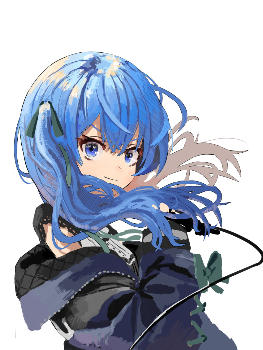 1girl absurdres bangs blue_eyes blue_hair blue_jacket cable eyebrows_behind_hair floating_hair from_side highres holding holding_microphone hololive hoshimachi_suisei jaaku_taro jacket leaning_back looking_at_viewer microphone off_shoulder side_ponytail smirk solo v-shaped_eyebrows virtual_youtuber white_background