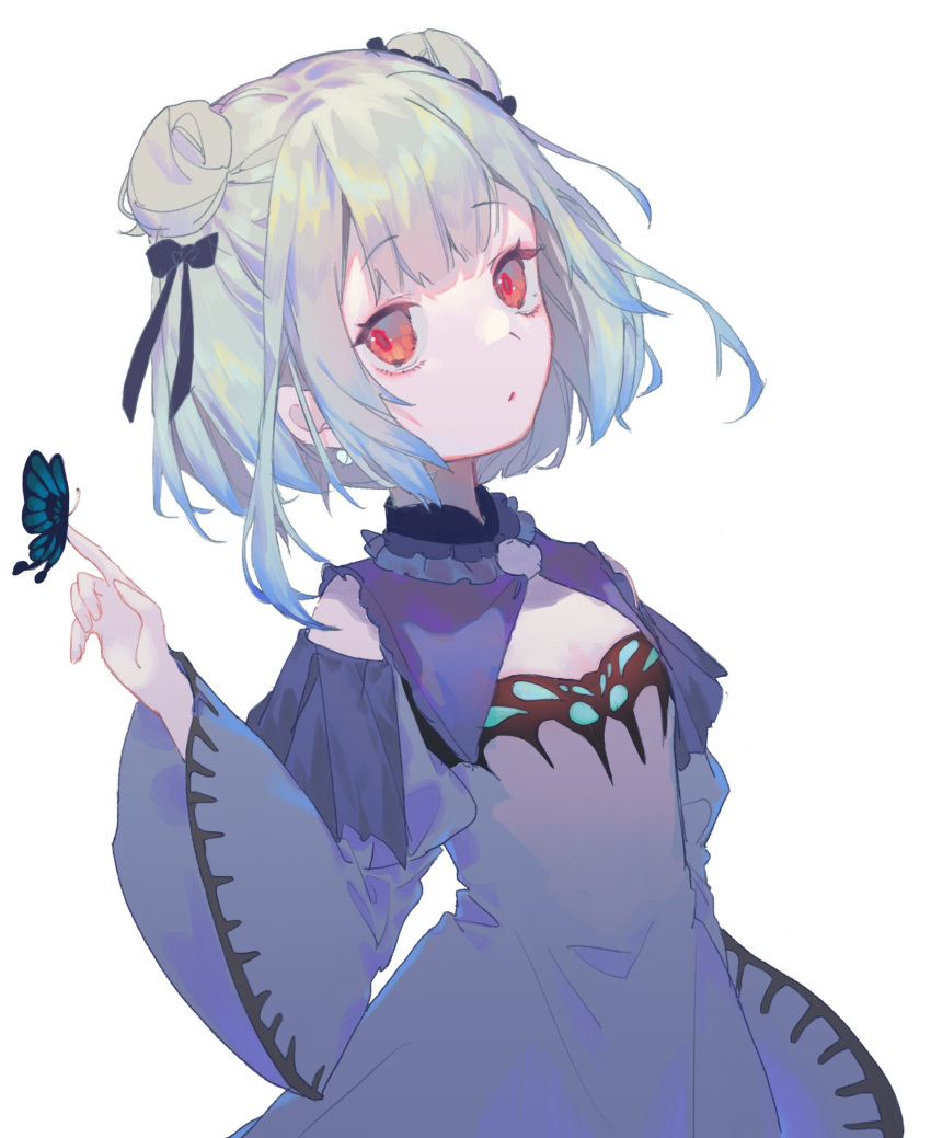 1girl :o bangs black_bow blue_butterfly blue_dress bow bug butterfly cleavage_cutout clothing_cutout double_bun dress eyebrows_visible_through_hair hair_behind_ear hair_bow head_tilt highres hololive insect leaning_to_the_side luzi/fengli_nanzi red_eyes solo uruha_rushia virtual_youtuber white_background