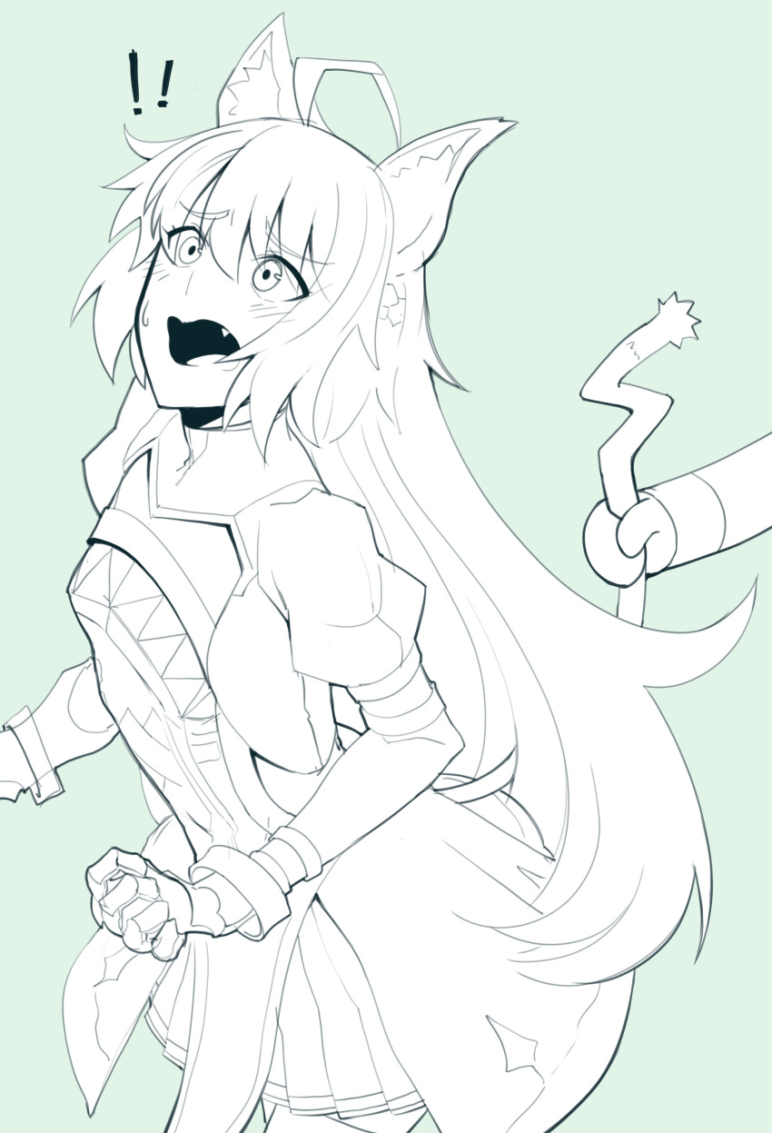 1girl absurdres ahoge animal_ears atalanta_(fate) boa_(brianoa) breasts cat_ears cat_tail eyebrows_visible_through_hair fate/apocrypha fate_(series) gloves highres long_hair monochrome open_mouth simple_background solo tail very_long_hair