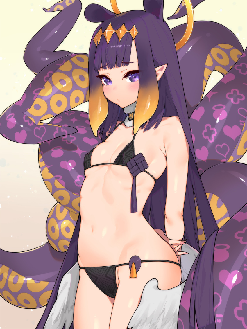 1girl bangs bikini black_bikini blunt_bangs blush breasts closed_mouth eyebrows_visible_through_hair gradient gradient_background halo highres hololive hololive_english long_hair looking_at_viewer navel ninomae_ina'nis pointy_ears purple_hair small_breasts solo swimsuit tentacles violet_eyes virtual_youtuber waterring yellow_background