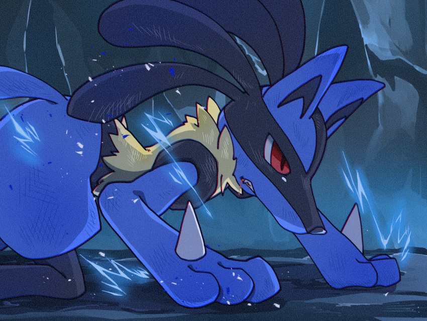 all_fours blood clenched_teeth commentary_request energy from_side gen_4_pokemon highres lucario pokemon pokemon_(creature) red_eyes scratches sinobu_(miiik_sinobu) spikes teeth yellow_fur