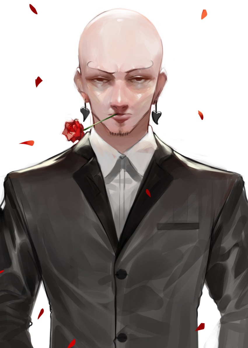 1boy bald black_jacket brown_eyes closed_mouth collared_shirt commentary_request dokomon dress_shirt earrings eyebrows facial_hair flower flower_in_mouth formal highres jacket jewelry korean_commentary looking_at_viewer male_focus original petals red_flower red_rose rose shirt simple_background solo stubble suit upper_body white_background white_shirt
