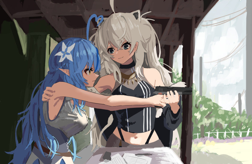 2girls absurdres ahoge aiming blue_hair blue_skirt breasts corset flower grey_eyes grey_hair gun hair_behind_ear hair_flower hair_ornament hand_on_another's_shoulder handgun heart_hair highres holding holding_gun holding_weapon hololive jaaku_taro large_breasts looking_down multiple_girls papers pistol pointy_ears shishiro_botan skirt smile virtual_youtuber weapon white_flower yellow_eyes yukihana_lamy