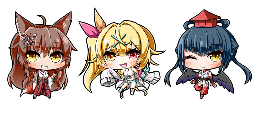 3girls animal_ears blonde_hair bow brown_hair butterfly_hair_ornament chibi denim denim_shorts double_v fox_ears fumi_(nijisanji) hair_bow hair_ornament hairclip hakama heterochromia highres hoshikawa_sara jacket japanese_clothes komora_(huran0729) looking_at_viewer midriff miko multiple_girls navel nijisanji one_eye_closed open_mouth pink_eyes shirt short_shorts shorts side_ponytail sleeves_past_fingers sleeves_past_wrists tied_shirt v virtual_youtuber white_jacket wings yamagami_karuta yellow_eyes