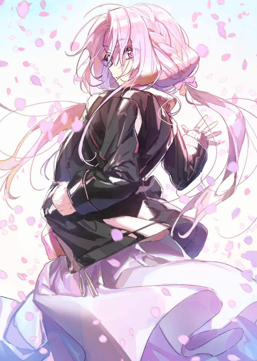 1girl bangs black_jacket blue_skirt braid cherry_blossoms crown_braid eyebrows_visible_through_hair gradient gradient_background hair_between_eyes hand_in_pocket highres jacket long_sleeves looking_at_viewer looking_back low_twintails original parted_bangs parted_lips petals pink_eyes pink_hair skirt smile solo twintails wattaro waving