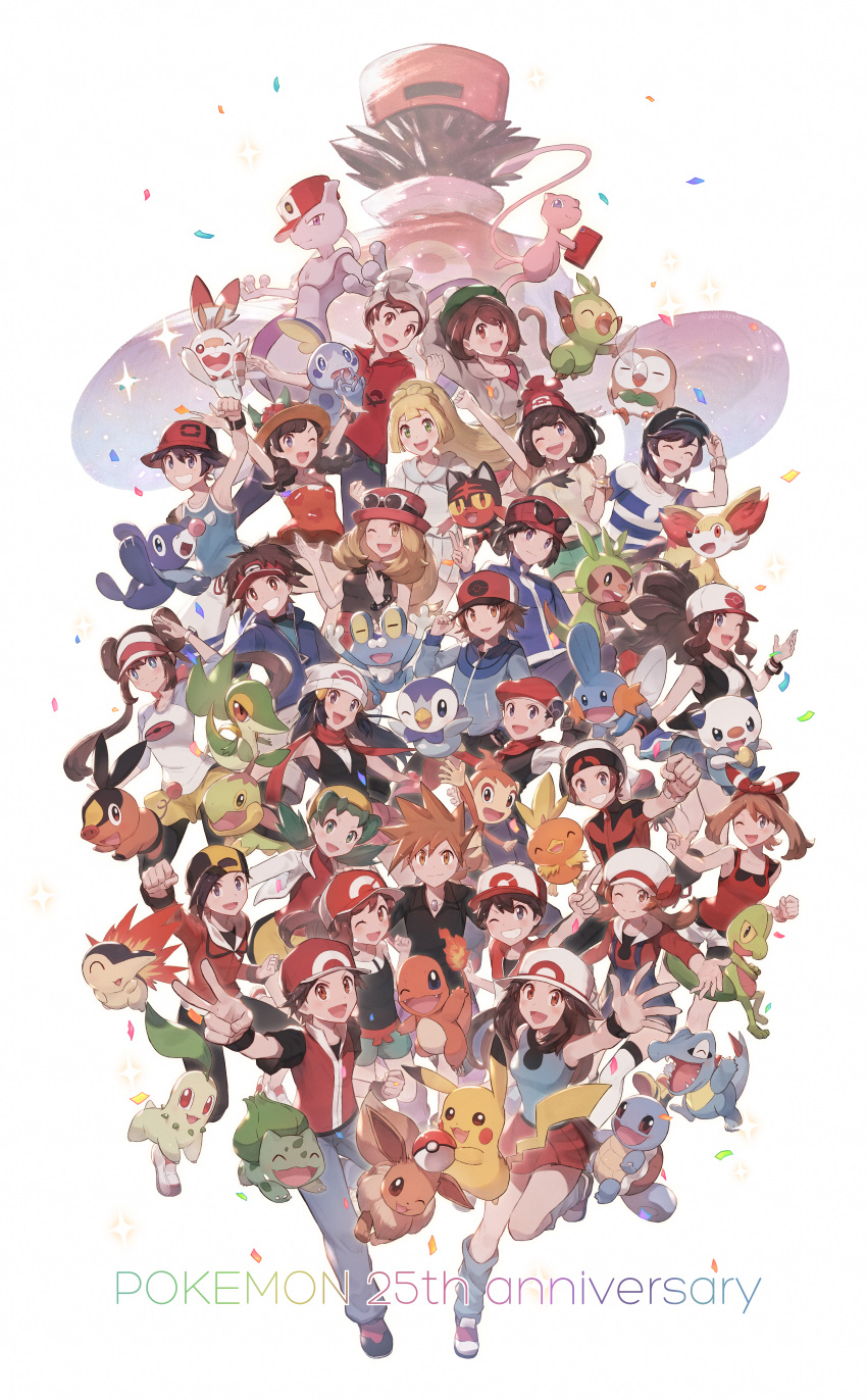 6+boys 6+girls :d ;d absurdres anniversary arm_up backwards_hat bangs baseball_cap beanie black_shirt blonde_hair blue_oak blue_shirt bow_hairband bracelet brendan_(pokemon) brown_hair bulbasaur calem_(pokemon) cardigan charmander chase_(pokemon) chespin chikorita chimchar clenched_hand closed_mouth commentary_request confetti copyright_name cyndaquil hikari_(pokemon) double_bun eevee elaine_(pokemon) elio_(pokemon) ethan_(pokemon) fennekin froakie gen_1_pokemon gen_2_pokemon gen_3_pokemon gen_4_pokemon gen_5_pokemon gen_6_pokemon gen_7_pokemon gen_8_pokemon gloria_(pokemon) green_eyes green_hair green_headwear grey_cardigan grey_headwear grin grookey hair_ornament hairband hairclip hand_on_headwear hat hat_ribbon highres hilbert_(pokemon) hilda_(pokemon) huge_filesize jewelry kris_(pokemon) leaf_(pokemon) leg_warmers legendary_pokemon lillie_(pokemon) litten long_hair looking_at_viewer lucas_(pokemon) lyra_(pokemon) may_(pokemon) mew mewtwo mudkip multiple_boys multiple_girls mythical_pokemon nate_(pokemon) necklace odd_(hin_yari) one_eye_closed open_mouth orange_shirt oshawott pants pantyhose pikachu piplup pleated_skirt pokemon pokemon_(creature) pokemon_(game) pokemon_bw pokemon_bw2 pokemon_dppt pokemon_frlg pokemon_gsc pokemon_hgss pokemon_lgpe pokemon_oras pokemon_rgby pokemon_sm pokemon_swsh pokemon_usum pokemon_xy ponytail popplio raglan_sleeves red_(pokemon) red_hairband red_headwear red_scarf red_shirt red_skirt ribbon rosa_(pokemon) rowlet scarf scorbunny selene_(pokemon) serena_(pokemon) shirt shoes short_sleeves shorts sidelocks skirt sleeveless sleeveless_shirt smile snivy sobble spiky_hair squirtle tam_o'_shanter tepig torchic totodile treecko turtwig twintails v victor_(pokemon) visor_cap w white_background white_headwear wristband yellow_shorts |d