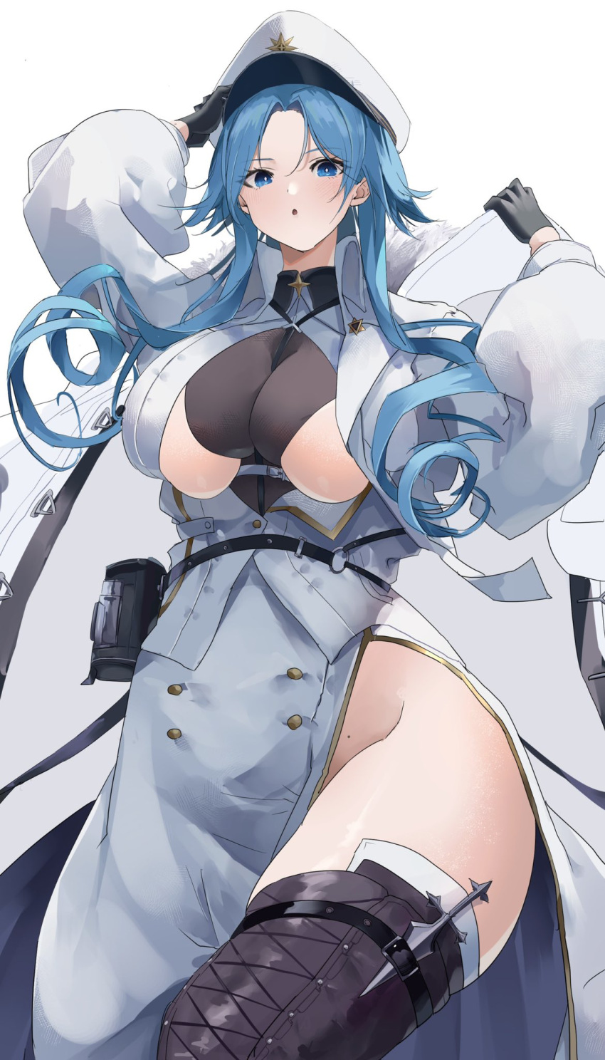 1girl :o arms_up azur_lane bangs belt_pouch black_footwear black_gloves blue_eyes blue_hair blush boots breasts clothing_cutout coat coat_dress commentary cowboy_shot dress ekaki_no_mime eyebrows_visible_through_hair fur-trimmed_coat fur_trim gloves groin hair_between_eyes hand_on_headwear hat highres large_breasts long_hair long_sleeves looking_at_viewer mole mole_on_body open_clothes open_coat parted_bangs peaked_cap pouch ringlets side_slit sidelocks simple_background skindentation solo sovetskaya_belorussiya_(azur_lane) standing thigh-highs thigh_boots thighs under_boob very_long_hair white_background white_coat white_dress white_headwear