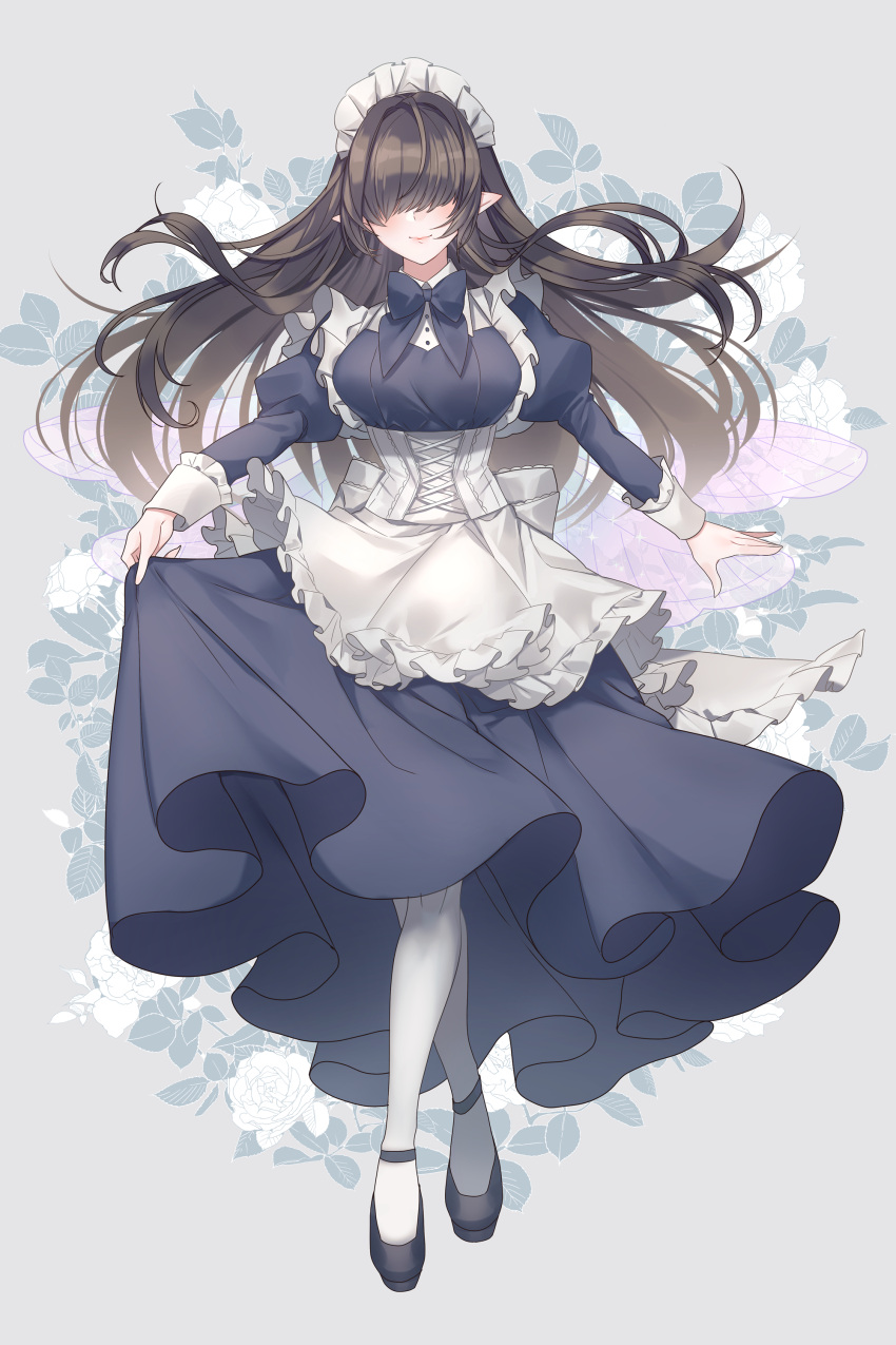 1girl absurdres apron black_footwear blue_bow blue_dress blue_neckwear blush bow bowtie breasts brown_hair closed_mouth commentary_request corset dress floating_hair floral_background frills full_body grey_background hair_over_eyes highres juliet_sleeves large_breasts long_hair long_sleeves maid neko-san_(dim.dream) original pantyhose pointy_ears puffy_sleeves skirt_hold smile solo standing very_long_hair white_apron white_legwear