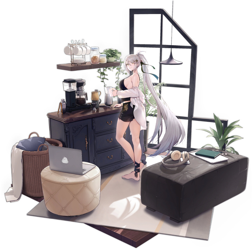 1girl ankle_ribbon azur_lane bangs barefoot basket black_shorts book breasts cabinet character_name coffee_maker_(object) coffee_pot computer copyright_name cup earphones headphones highres holding holding_cup indoors kirov_(azur_lane) kirov_(blend_r)_(azur_lane) laptop large_breasts long_hair long_sleeves looking_at_viewer manjuu_(azur_lane) mug off_shoulder official_alternate_costume official_art parted_lips ponytail ribbon shirt short_shorts shorts sideboob smile solo standing swept_bangs transparent_background very_long_hair white_hair white_shirt yellow_eyes