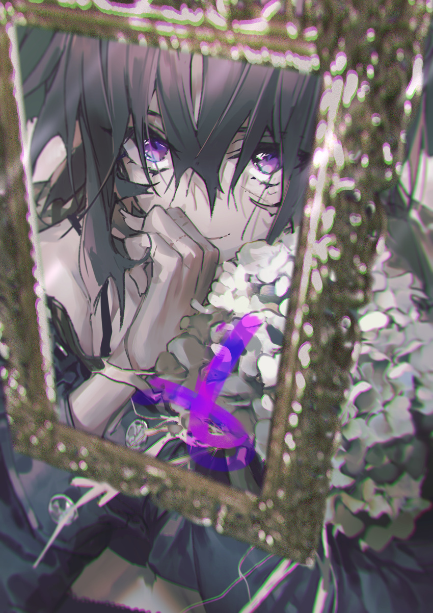 1girl absurdres bangs black_hair black_jacket blurry bouquet chromatic_aberration depth_of_field empty_picture_frame flower hair_between_eyes hand_to_own_mouth hands_together highres huge_filesize jacket looking_at_viewer looking_up off_shoulder original picture_frame ribbon smile violet_eyes wattaro white_flower wrist_ribbon