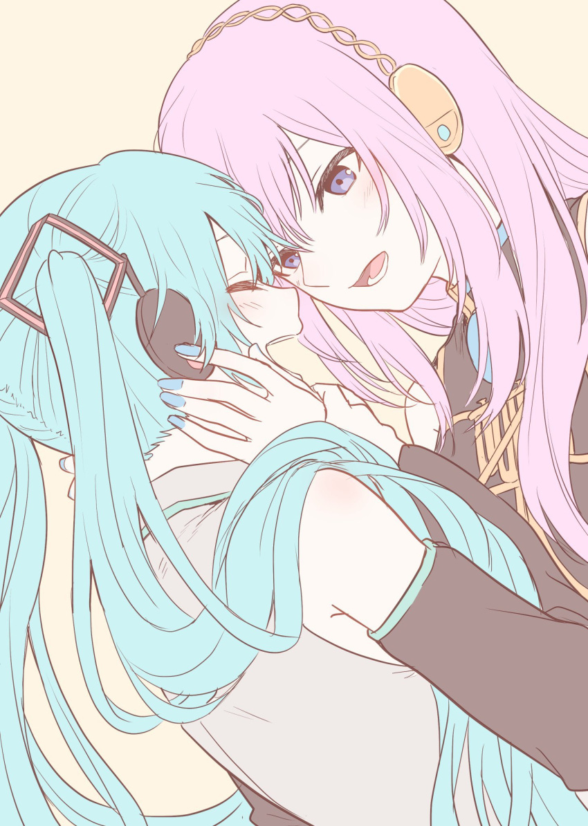 2girls aqua_hair bare_shoulders black_shirt black_sleeves blue_eyes blue_nails closed_eyes commentary detached_sleeves dutch_angle forehead-to-forehead gold_trim grey_shirt hair_ornament hands_on_another's_face hatsune_miku headphones highres light_blush long_hair megurine_luka multiple_girls nail_polish open_mouth orange_background pink_hair shirt sleeveless sleeveless_shirt smile toridbd twintails upper_body very_long_hair vocaloid yuri