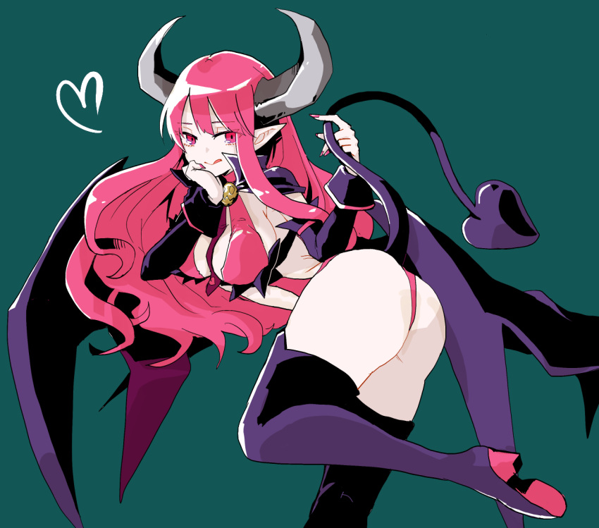1girl ass bat_wings blush breasts demon_girl demon_tail disgaea hanimitsu_(bisko) horns licking_lips long_hair looking_at_viewer medium_breasts pink_eyes pink_hair pointy_ears red_eyes revealing_clothes solo succubus_(disgaea) tail thigh-highs tongue tongue_out wings