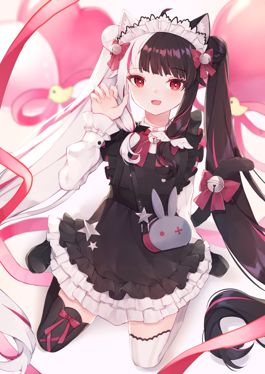 1girl absurdres ahoge animal_bag animal_ears arm_support bangs bell black_dress black_hair blurry blurry_background blush bow breasts bunny_bag cat_ears cat_tail commentary_request dress eyebrows_visible_through_hair frills hair_ornament hair_ribbon hand_up heart highres kneeling leaning_back long_hair long_sleeves looking_at_viewer maid_headdress multicolored_hair nijisanji open_mouth red_eyes ribbon smile solo streaked_hair tail tail_bow tail_ornament thigh-highs twintails two-tone_hair very_long_hair virtual_youtuber white_legwear yorumi_rena yua_(bokubo0806) zettai_ryouiki