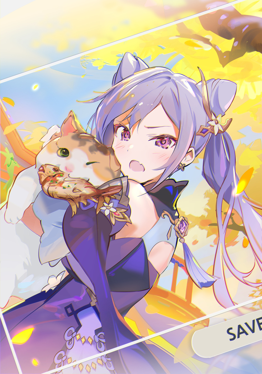 1girl :o animal autumn_leaves bangs blush calico cat collared_dress commentary detached_sleeves dress earrings fang fish flower genshin_impact hair_cones hair_flower hair_ornament highres holding holding_animal holding_cat jewelry keqing_(genshin_impact) leaf long_hair looking_at_viewer naye outdoors purple_dress purple_hair skin_fang solo tree twintails violet_eyes vision_(genshin_impact)